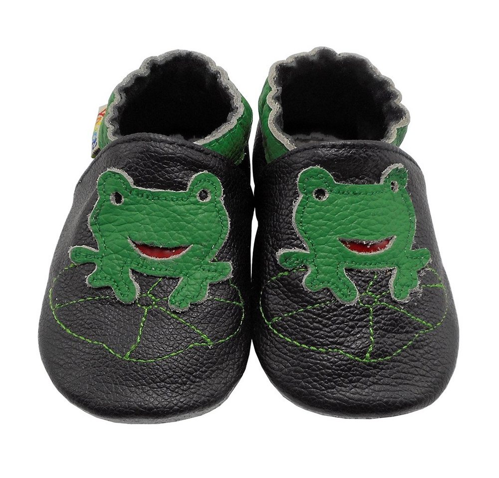 Yalion Weiche Leder Lauflernschuhe Hausschuhe Lederpuschen Frosch Schwarz Krabbelschuh