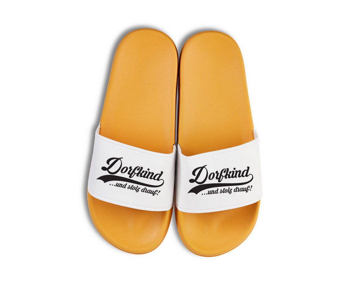 Youth Designz Dorfkind Unisex Badelatschen Flip Flops Badeschuh mit lustigem Spruch für Herren & Damen (gelb/weiß)