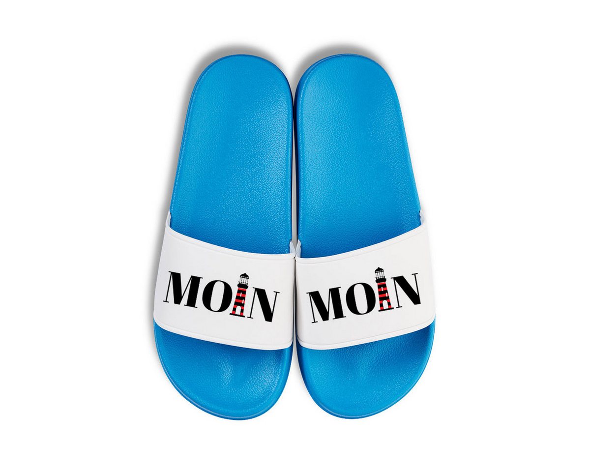 Youth Designz Moin Leuchtturm Unisex Badelatschen Flip Flops Badeschuh mit lustigen Logo für Damen und Herren (blau/weiß)