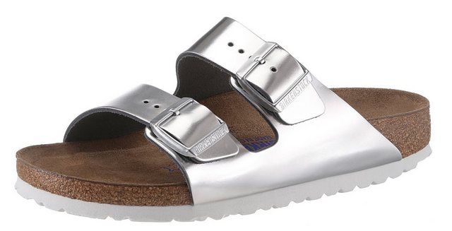 Birkenstock »ARIZONA SFB« Pantolette in schmaler Schuhweite, Metallic-Optik, mit Soft-Fußbett (silberfarben)