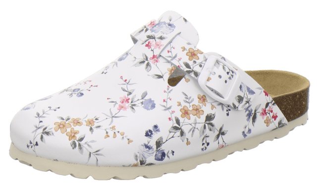 AFS-Schuhe 2900 Hausschuh für Damen aus Leder mit soft Fußbett, Made in Germany (weiß-flower)