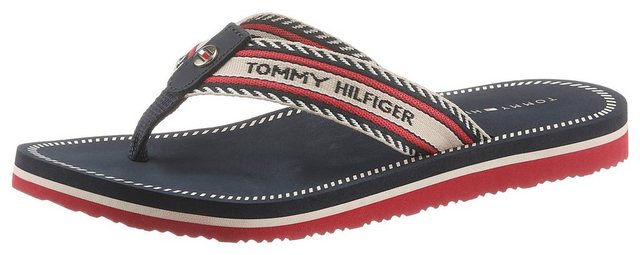 Tommy Hilfiger »TH ARTISANAL FLAT BEACH SANDAL« Zehentrenner mit Farb-Akzenten (dunkelblau-hellbeige-rot)