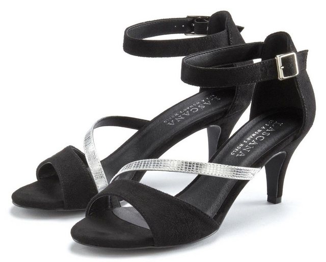 LASCANA Sandalette mit raffiniertem Riemchen und bequemer Absatzhöhe (schwarz-silberfarben)