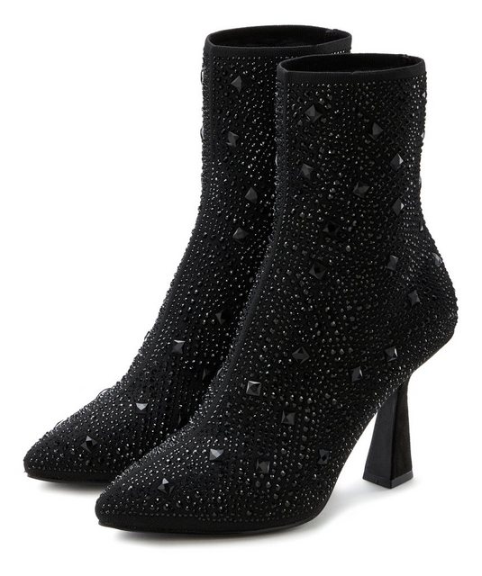 LASCANA High-Heel-Stiefelette Schlupf-Stiefel, Ankle Boots, elastisches Material, Schmucksteinchen (schwarz)