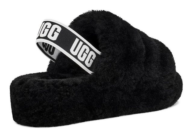 UGG »Fluff Yeah« Hausschuh mit elastischem Logo-Strap (schwarz)