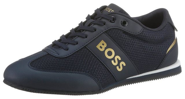 BOSS »Rusham-Lowp_mxme« Sneaker mit seitlichem Logoschriftzug (blau|goldfarben)