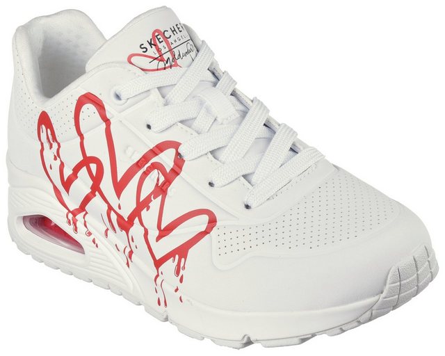 Skechers UNO DRIPPING IN LOVE Sneaker mit Herzen-Graffity-Print (weiß-rot)
