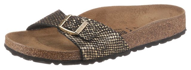 Birkenstock »Madrid Shiny Python« Pantolette mit vorgeformtem Fußbett, Schuhweite: schmal (schwarz-goldfarben)